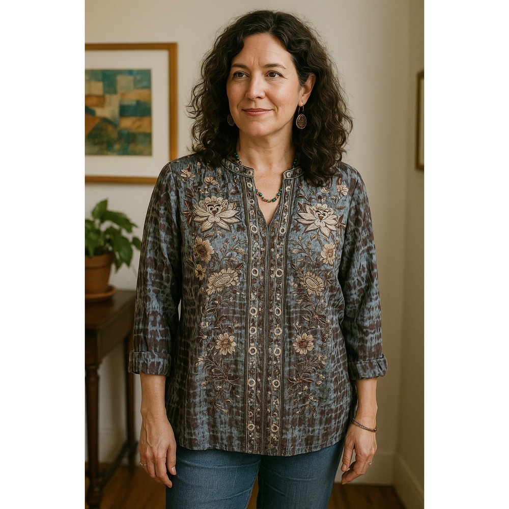 Love Kyla M Whimsy Boho Cottage Floral Embroidered Gray Pink Black Tie Dye Top